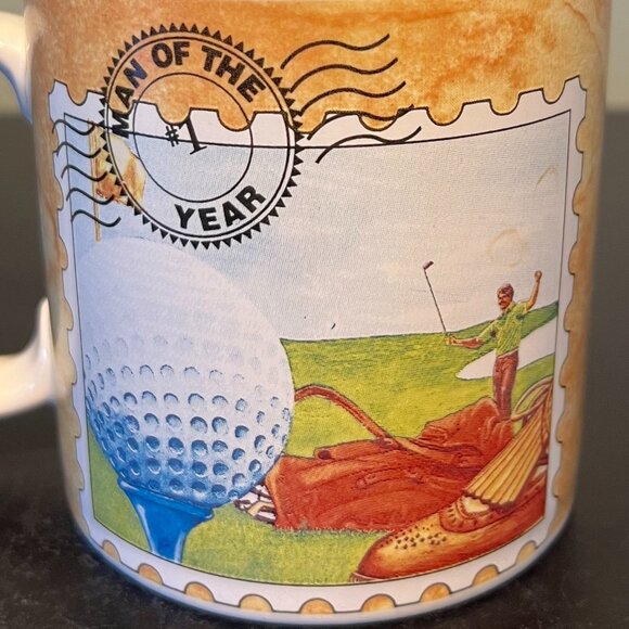 #1 MAN OF THE YEAR Golfer on a Postage Stamp Ceramic Mug ~ Russ Berrie & Co. - Picture 2 of 8